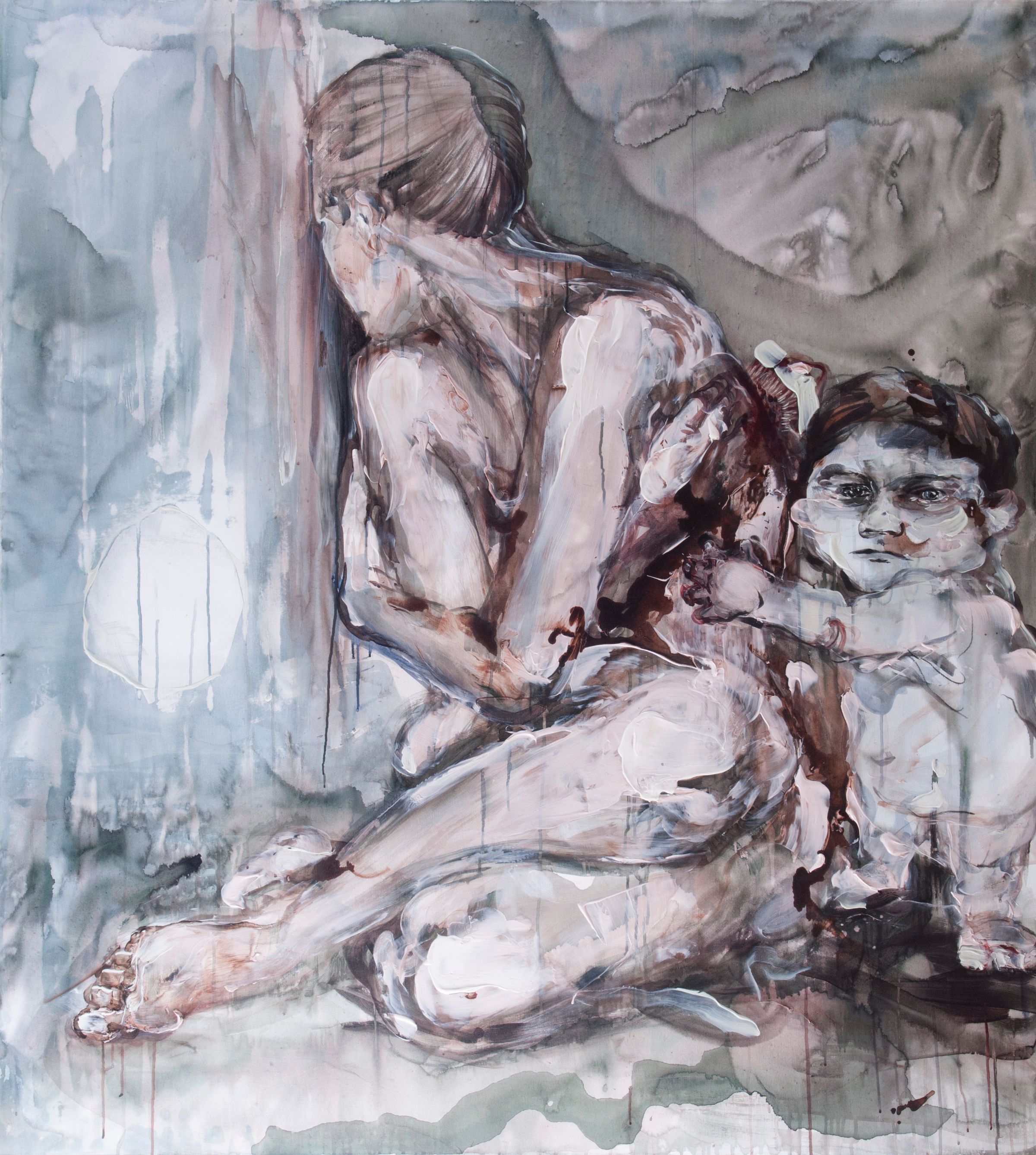 Painting of nude woman with back turned and child figure gazing forward – by Andrea Bender, 2025